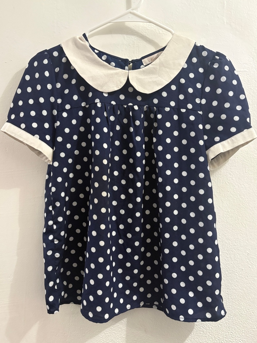 Monteau Navy and White Polka Dot Peter Pan Collar Blouse Shirt